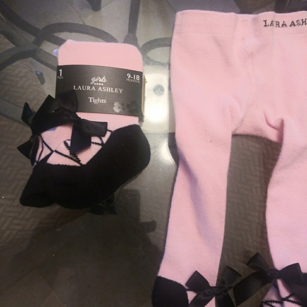 Laura Ashley pink tights w bows sz 9-18mo
